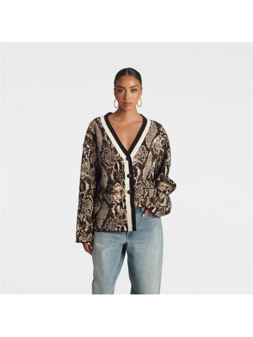 Snake-Print Button Front Cardigan Sweater - Beige/Black